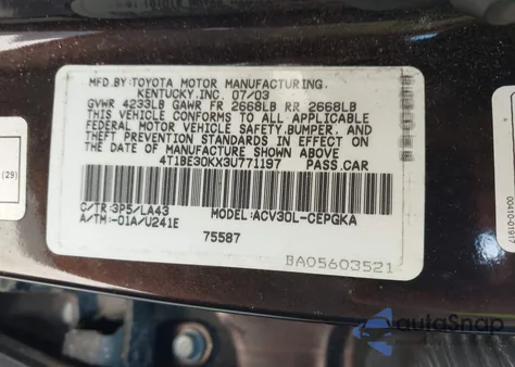 2003 Toyota Camry Xle из США, поврежденный, VIN 4T1BE30KX3U771197